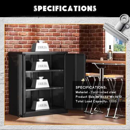 Vista 2 de Greenvelly Armario de almacenamiento de metal con puertas y estantes, gabinete de almacenamiento negro con cerradura de 36 pulgadas para oficina