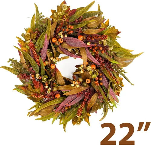Vista 2 de Corona de olivo para puerta delantera de 22 pulgadas, corona de vegetación para todas las estaciones con hojas de olivo y frutos, decoración
