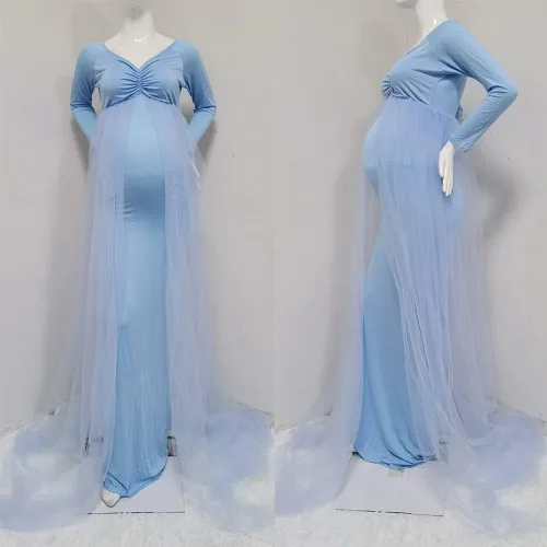 Vista 6 de ZIUMUDY Vestido de maternidad de tul con hombros descubiertos para sesión de fotos, vestido ajustado de manga larga para baby shower