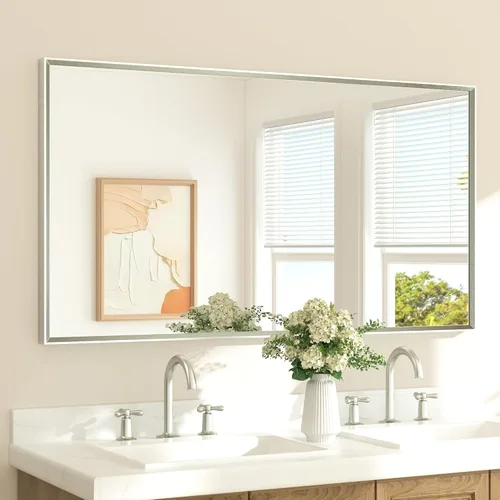 Vista 77 de TETOTE Espejo de baño dorado cepillado de 20" x 30", espejo de tocador de baño rectangular de latón dorado cepillado con marco biselado para sobre