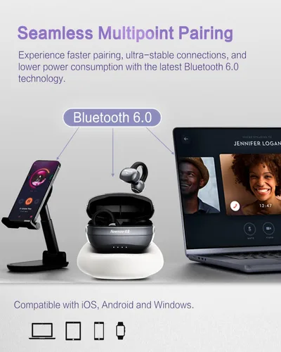 Vista 5 de A50 Auriculares de botón, auriculares Bluetooth 6.0 inalámbricos de oído abierto con comodidad sin peso de 5.3g, 48H de tiempo de reproducción, Oro