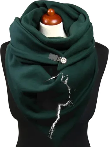 Vista 3 de Bufanda cálida para mujer con estampado de gatos cálida resistente al viento con hebilla de doble capa turbante de invierno para mujer verde