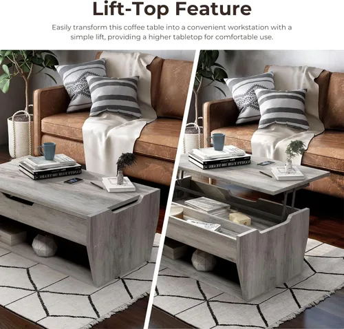 Vista 7 de 24/7 Shop at Home Pavie - Mesa de centro elevable de 42 pulgadas para comedor, diseño de granja con mesa ajustable en altura, almacenamiento Gris
