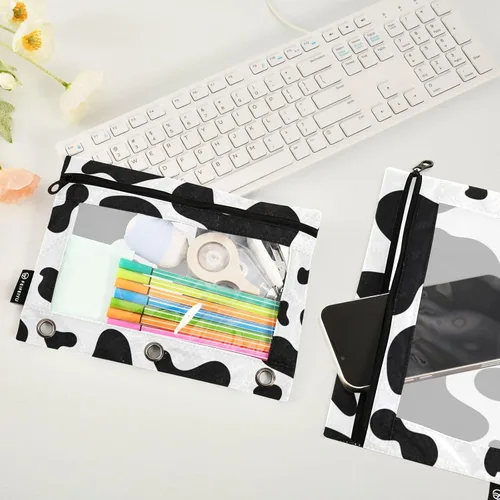 Vista 3 de SUABO Estuche para lápices con estampado de piel de vaca para carpeta de 3 anillas, estuche para lápices, bolsa de cosméticos con ventana G1