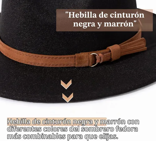 Vista 3 de Lisianthus Sombrero Fedora de ala ancha vintage para hombre y mujer con hebilla de cinturón Negro