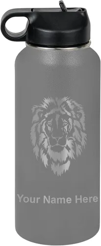 Vista 48 de LaserGram Botella de agua personalizada, cabeza de león, acero inoxidable de doble pared aislada al vacío con popote superior, regalo grabado
