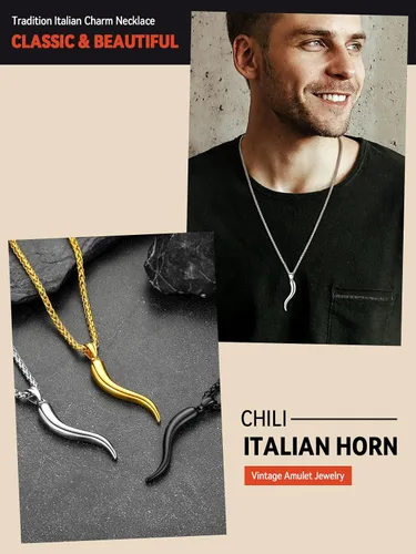 Vista 3 de FaithHeart Collar con colgante de cuerno italiano para mujeres y hombres, chapado en platanegrooro, acero inoxidable, collar de cornicello, cadenas