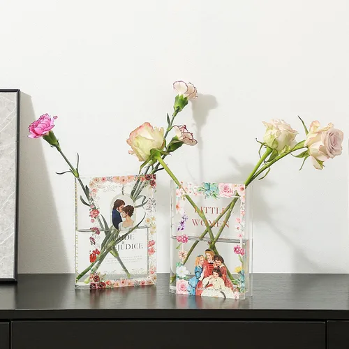 Vista 13 de Florero acrílico con forma de libro para flores, florero de libro, pequeños jarrones transparentes para el hogar, sala de estar, estantería