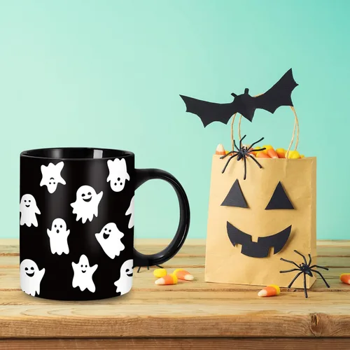 Vista 7 de Whaline Taza de Halloween de 12 onzas con diseño de fantasma, taza de café con fantasmas negros y blancos de cerámica, tazas de fiesta de Halloween