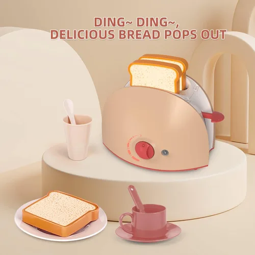 Vista 7 de Yalujumb Juego de juguetes de cocina, juego de electrodomésticos de cocina con cafetera, mezclador, tostadora con luces y sonidos realistas, regalo
