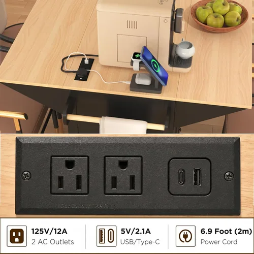 Vista 4 de Modern Rolling Kitchen Island with 2 Drop Leaves Power Outlets, 2 Storage Cabinets with Adjustable Shelf, 3 Drawers, Spice & Towel Rack, 5