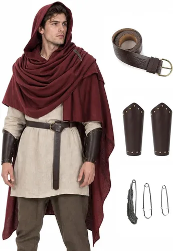 Vista 12 de JPXH Conjunto de bufanda con capucha con cinturón y muñequeras para cosplay medieval Marrón