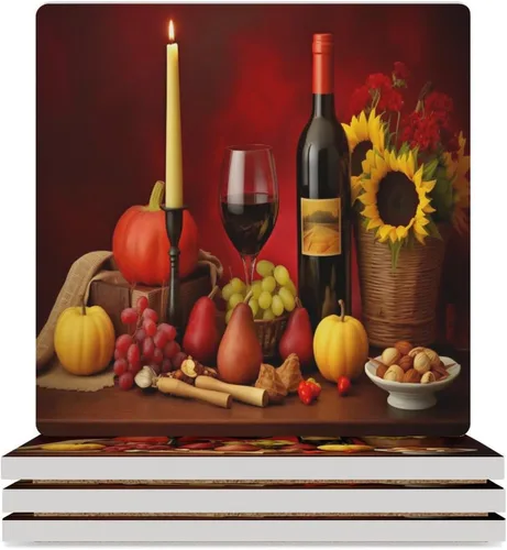 Vista 7 de 4 posavasos de vino tinto, cuadrados y modernos posavasos absorbentes de cerámica, estilo de pintura al óleo, vintage, vino tinto, uvas, rosa