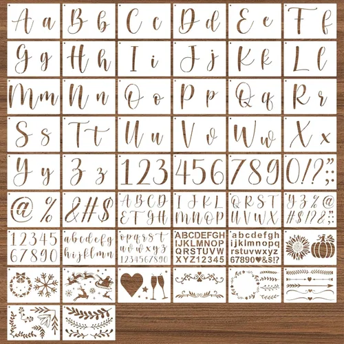 Vista 8 de BAMIDELE Plantillas de letras para pintar sobre madera, 50 plantillas de caligrafía del alfabeto para dibujo con números, signos, flores, plantillas