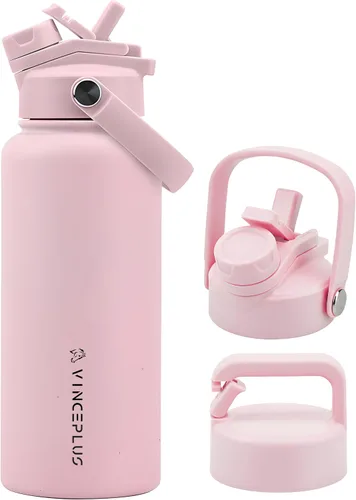 Vista 10 de Botella de agua de acero inoxidable de 32 onzas con tapa 2 en 1, botella de agua aislada al vacío de triple pared, a prueba de fugas, asa