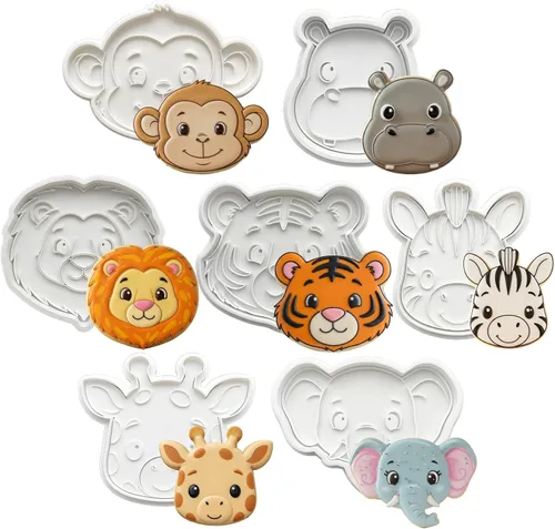 Vista 11 de Juego de 8 cortadores de galletas de animales con mango de sello 3D, diseño de selva para cocina, formas de pastel de ácido poliláctico