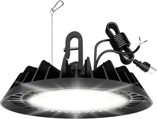 Vista 22 de UFO - Luz LED de alta bahía de 100 W, luces LED de alta bahía de 14,000LM, 0-10 V, regulable, cable de 6 pies con enchufe estadounidense, gancho