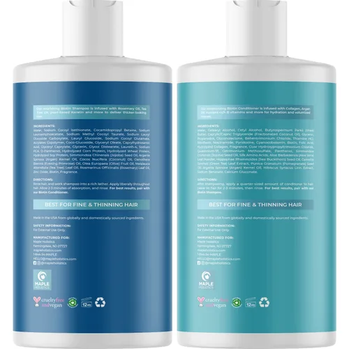 Vista 5 de Juego de 4 piezas de biotina – Champú, acondicionador, aceite y suero con cafeína, aceite de ricino negro, aceite esencial de romero y aminoácidos