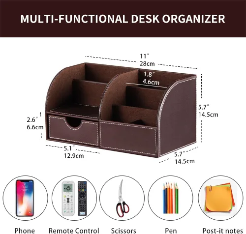 Vista 2 de Organizador de escritorio, organizador de escritorio de piel sintética y accesorios, suministros de oficina, almacenamiento multifuncional con 6