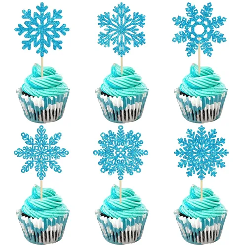 Vista 23 de Gyufise 24 piezas de copos de nieve Oh Baby Cupcake Toppers Glitter Winter Frozen Baby Shower Cupcake Picks para invierno, país de las maravillas