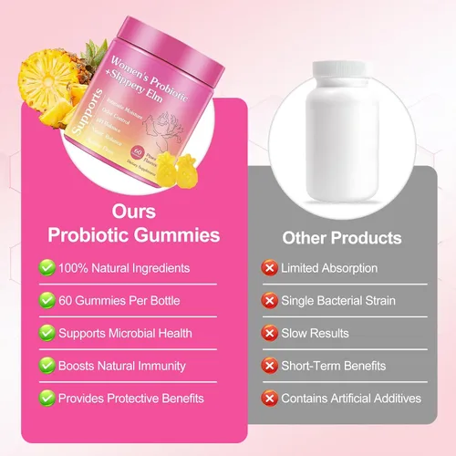 Vista 8 de Her Juicy - Gomitas femeninas de probióticos para mujeres, sabor a piña tropical, contiene olmo resbaladizo, apoya el equilibrio del pH, la salud