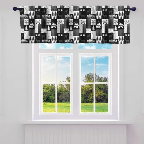 Vista 18 de Cortinas de cenefa de cabaña estilo retro, color negro y rojo, rayas de madera, cenefas de ventana para niños, adolescentes y adultos, oso salvaje