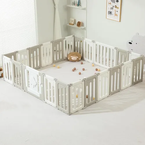 Vista 18 de Bestgame - Corralito para bebés - 14 paneles extragrandes plegables para niños pequeños, valla portátil en forma de OVNI, puerta, patio - Azul