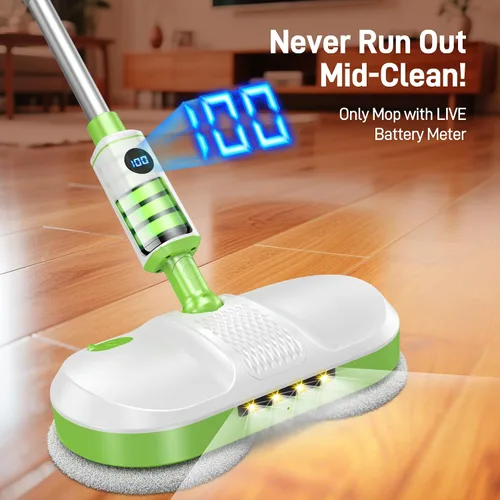 Vista 5 de AlfaBot Trapeador eléctrico inalámbrico, limpiador eléctrico de piso con faro LED y rociador de agua, hasta 60 minutos, autopropulsado con gran