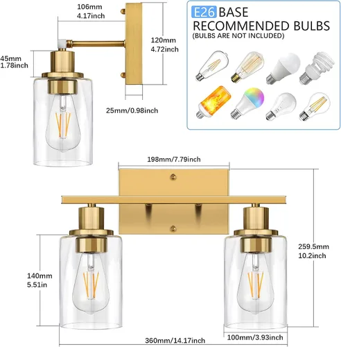 Vista 3 de ShineTech 2 luces de tocador doradas para baño, iluminación de pared moderna con vidrio transparente, luz de aplique de latón cepillado para espejo