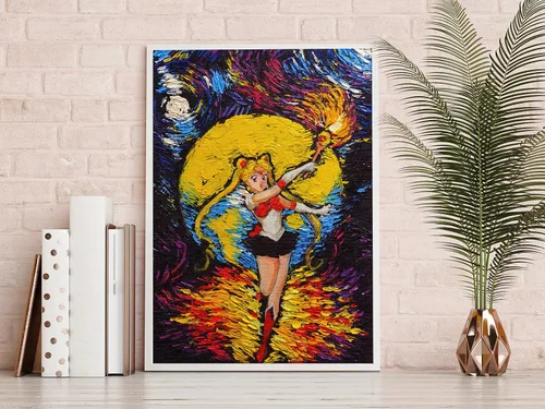 Vista 2 de Uhomate Decoración de pared inspirada en dibujos animados Vincent Van Gogh Noche estrellada pósteres para el hogar, lienzo para el hogar, arte