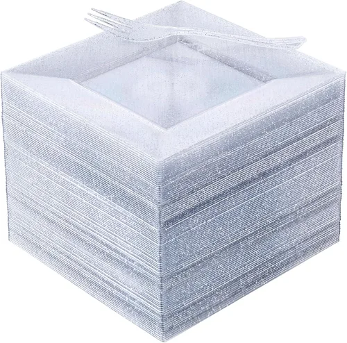 Vista 16 de DaYammi 100 platos de postre con purpurina azul, que incluyen 50 platos de aperitivo de 6 pulgadas y 50 tenedores de plástico de 5.7 pulgadas, plato