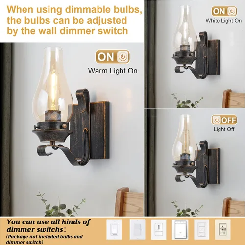 Vista 8 de Yisuro Aplique de Pared con Cable, Aplique de Pared de Bronce Cepillado con Cable para Interior, Lámparas de Pared Retro Rústicas con Vidrio Ámbar