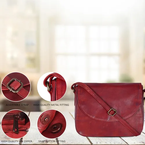 Vista 6 de Bolso bandolera de cuero genuino para mujer con correa ajustable, bolsillo para móvil y cremallera exterior e