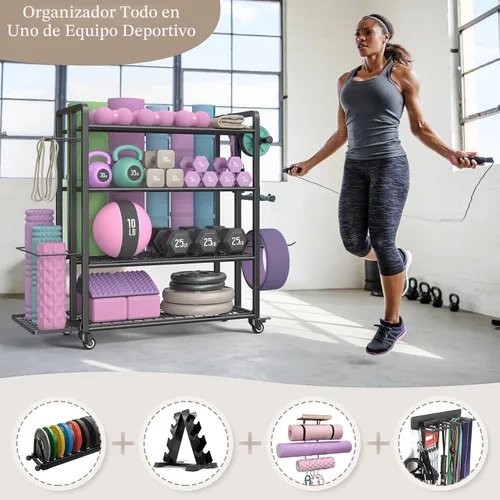 Vista 8 de 4-Tier Weight Rack for Home Gym with Wheels and Hooks
