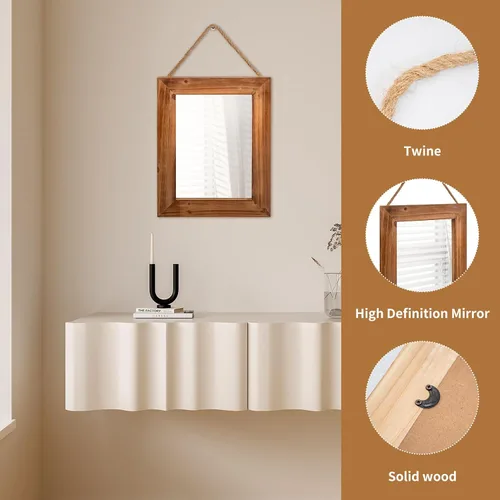 Vista 3 de OKSQW Espejo de pared de granja, espejo rectangular de madera rústica marrón, marco de madera decorativa de 16 x 12 pulgadas, con espejo y cuerda
