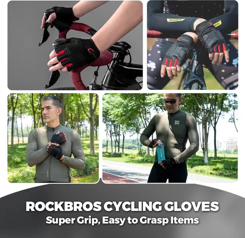 Vista 3 de ROCKBROS Guantes de ciclismo para hombres y mujeres con almohadilla antideslizante que absorbe los golpes, guantes de ciclismo sin dedos, ligeros
