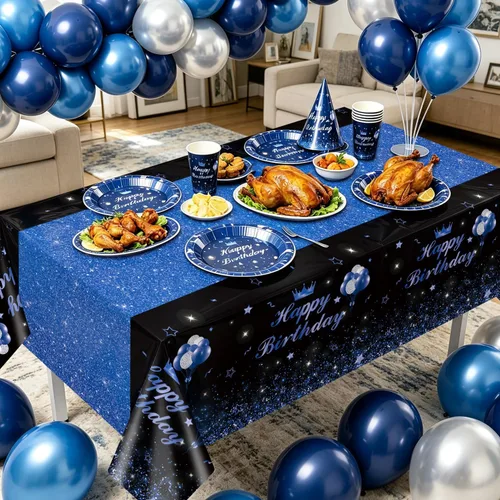 Vista 6 de 4 manteles de fiesta de feliz cumpleaños, color negro y azul, decoración de fiesta de color azul y negro, mantel rectangular de plástico para niños