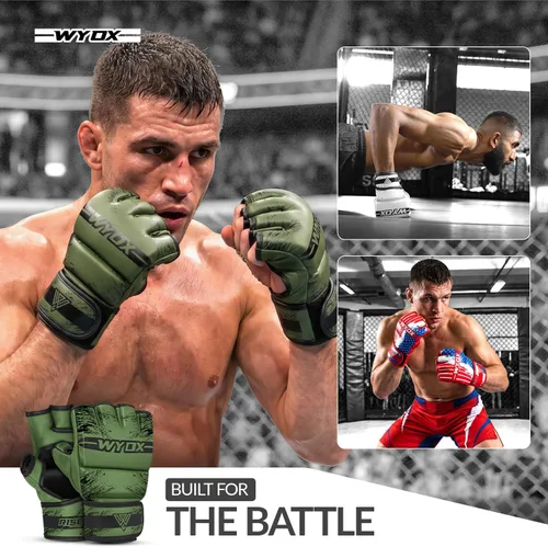 Vista 5 de WYOX Guantes MMA para hombres y mujeres – Guantes de boxeo de agarre y combate con diseño de palma abierta, guantes de entrenamiento acolchados sin