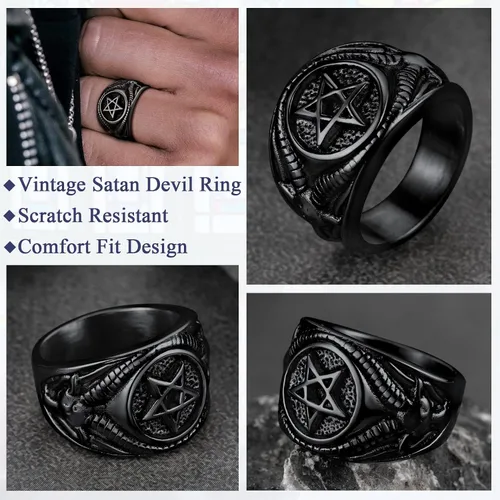 Vista 3 de FaithHeart Satanic Jewelry - Anillos de cabra baphomet con símbolo de Lucifer Satanás para hombres y mujeres talla 7891011121314 personalizado