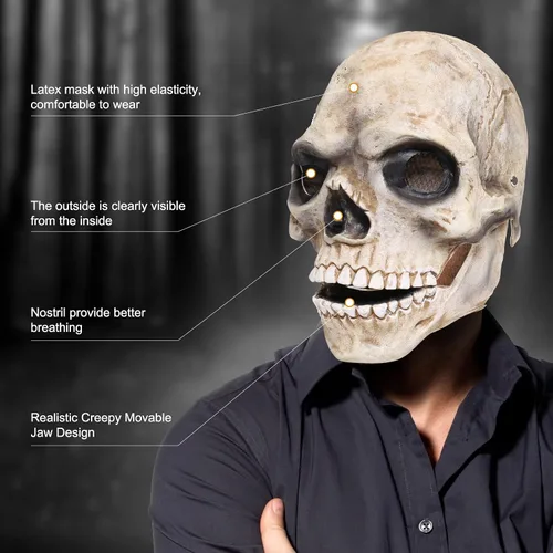 Vista 4 de Máscara de payaso con mandíbula móvil, máscara aterradora de Halloween realista para adultos, máscaras de demonio de terror para fiestas