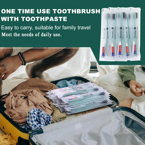 Vista 6 de Cepillos de dientes desechables con pasta de dientes, paquete de 30 cepillos de dientes de viaje desechables verdes envueltos individualmente kit al