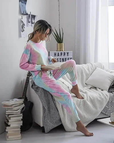 Vista 63 de Prettygarden - Conjunto de pijama de dos piezas para mujer, diseño de teñido anudado, sudadera informal de manga larga con pantalones largos, ropa