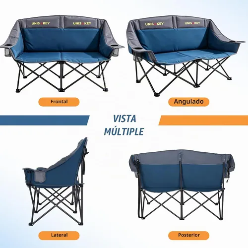 Vista 9 de Unisakey Silla de campamento doble, sofá biplaza acolchado de gran tamaño, silla plegable resistente de 650 libras con portavasos y bolsa de Azul