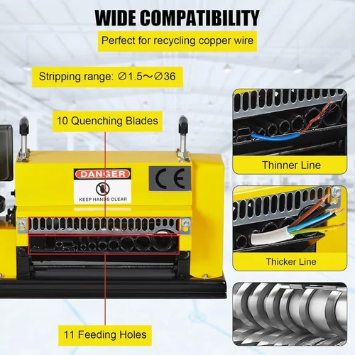 Vista 3 de Máquina peladora de cables de 0.06 pulgadas -1.5 pulgadas, máquina peladora de cables portátil de 370 W, 11 canales, 10 cuchillas y 65 pies/minuto
