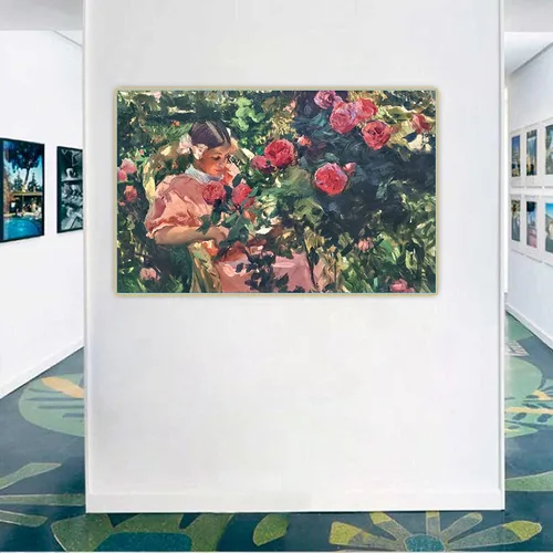 Vista 2 de Joaquín Sorolla "Elena entre rosas" Cuadro famoso Lienzos. Cuadro de arte de pared de lienzo para decoración del hogar 15.7x25.2 in sin marco