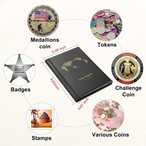 Vista 2 de Álbum de Monedas para Coleccionistas, 340 Fundas, Libro Organizador de Monedas, Caja de Exhibición y Almacenamiento, Suministros para Organizar