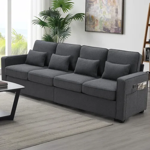 Vista 8 de LUMISOL Moderno sofá de 4 plazas, cómodo sofá modular tapizado con bolsillos para reposabrazos y 4 almohadas, sofá de estilo minimalista para sala