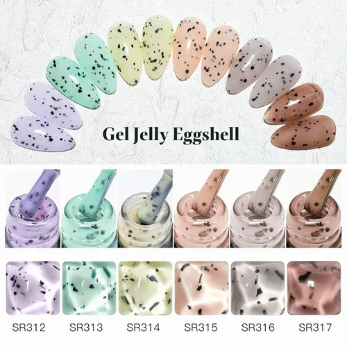 Vista 4 de MEET ACROSS Jelly Eggshell - Juego de 6 esmaltes de uñas de gel, color rosa, verde, morado, esmalte de gel agrietado, colección de macarrones