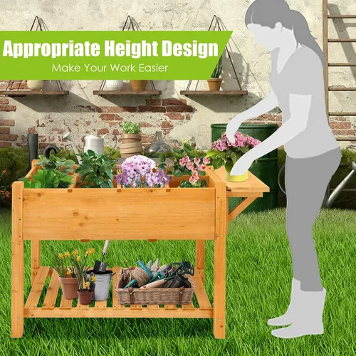 Vista 7 de GIANTEX Maceta elevada, caja de jardín elevada con 8 rejillas y mesa de trabajo lateral, contenedor de madera para plantas al aire libre patio
