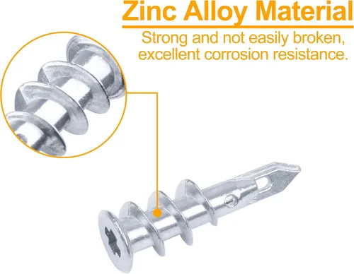 Vista 2 de Anclajes autoperforantes de zinc para paneles de yeso #8, kit de 60 anclajes y tornillos de pared de metal hueco, 30 anclajes resistentes + 30#8 x